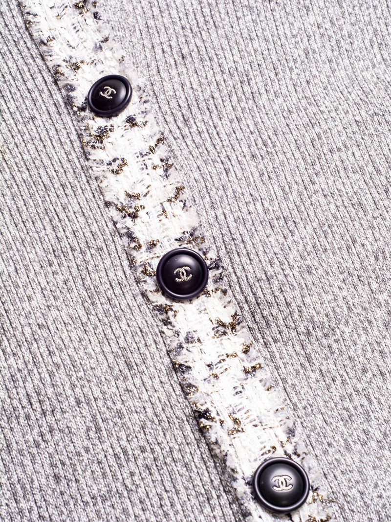 CHANEL Knit CC Logo Fringe Sparkly Cardigan Grey-designer resale