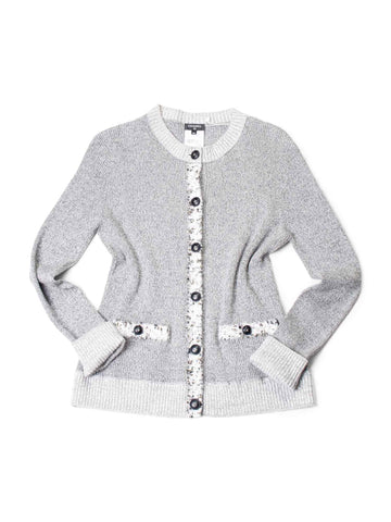 CHANEL Knit CC Logo Fringe Sparkly Cardigan Grey-designer resale