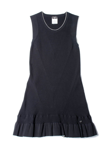 CHANEL Knitted CC Logo Ruffled Mini Dress Navy Blue-designer resale
