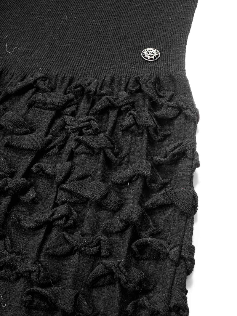 CHANEL Knitted Camellia Ruffled Midi Dress Black-designer resale