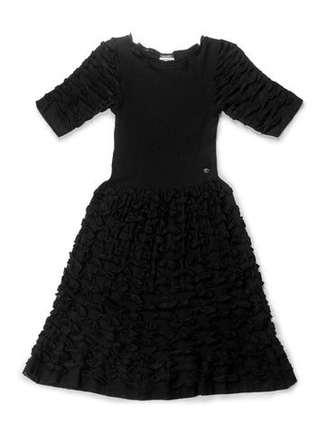CHANEL Knitted Camellia Ruffled Midi Dress Black-designer resale