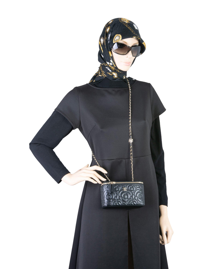 CHANEL Lambskin Camellia Quilted Leather Mini Vanity Messenger Bag Black-designer resale