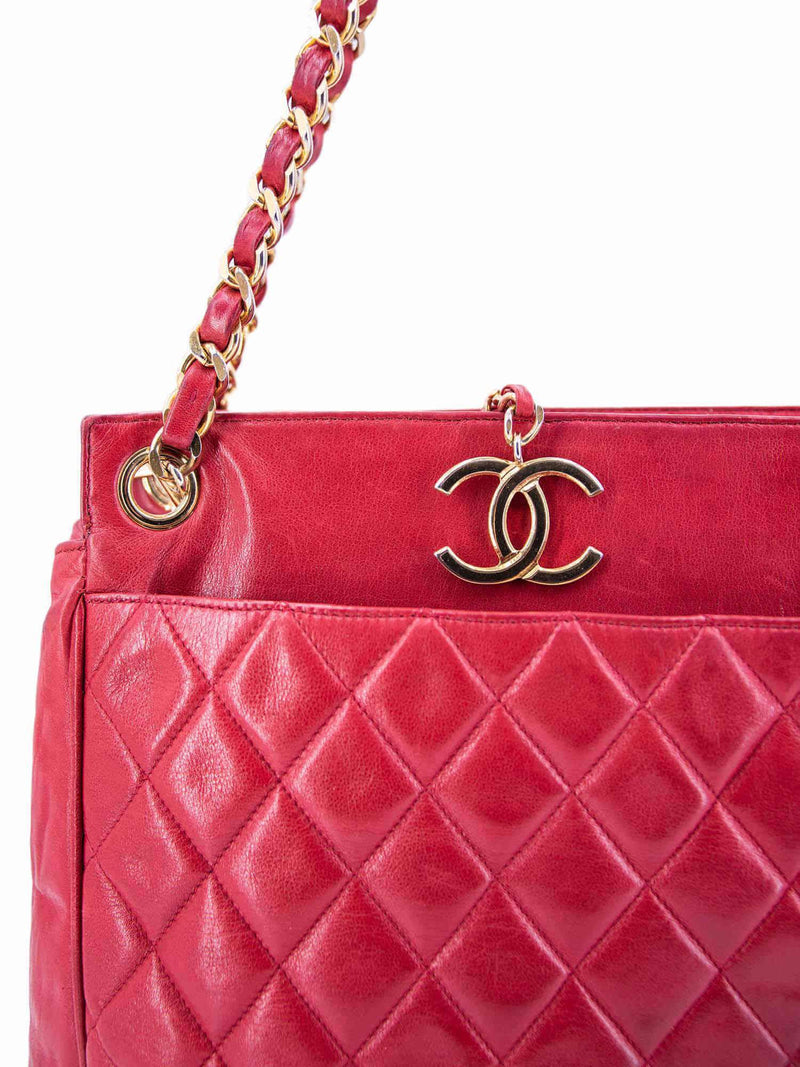 CHANEL Lambskin Quilted CC Shopper Tote Red-designer resale