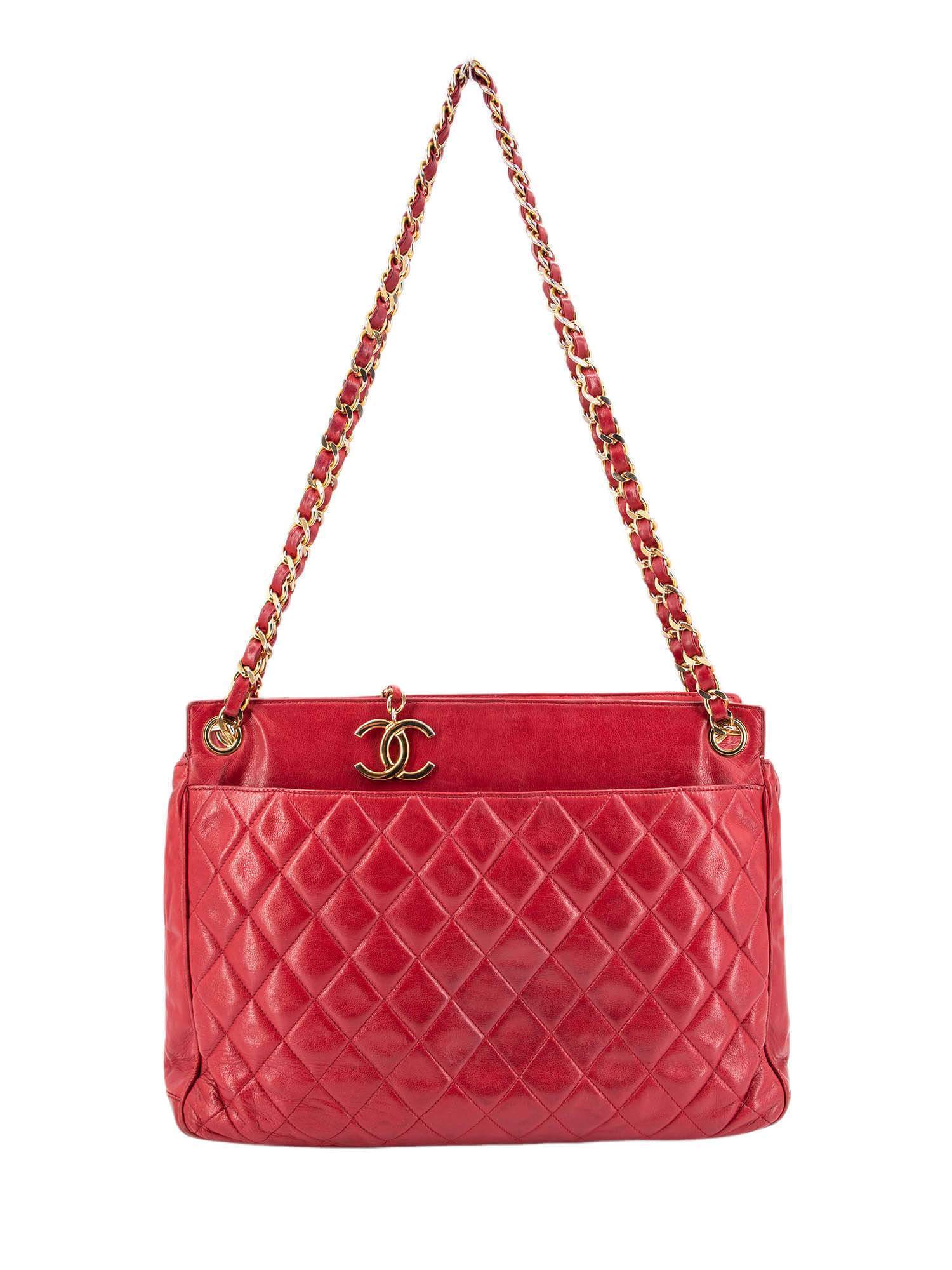 CHANEL Lambskin Quilted CC Shopper Tote Red-designer resale