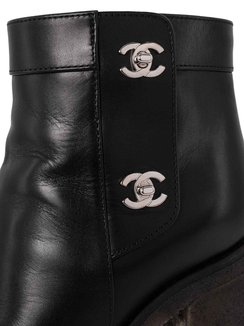 CHANEL Leather CC Logo Ankle Boots Black