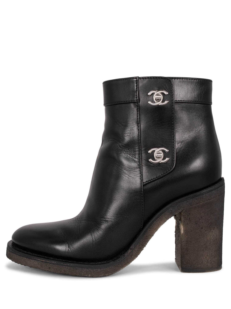 CHANEL Leather CC Logo Ankle Boots Black