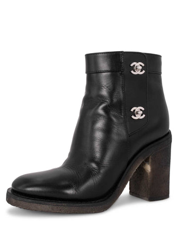 CHANEL Leather CC Logo Ankle Boots Black-designer resale