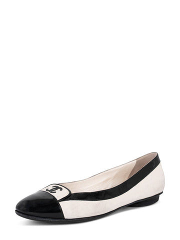 CHANEL Leather CC Logo Cap Toe Ballet Flats Shoes White Black-designer resale