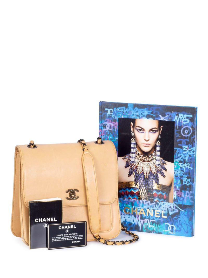 CHANEL Leather CC Logo Flap Messenger Bag Beige-designer resale
