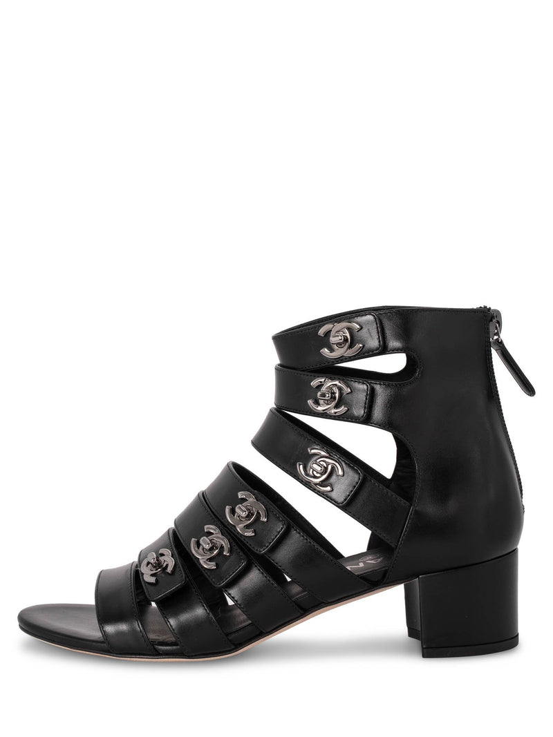 Chanel Black, Pattern Print Interlocking CC Logo Leather Sandals It 40 | 10