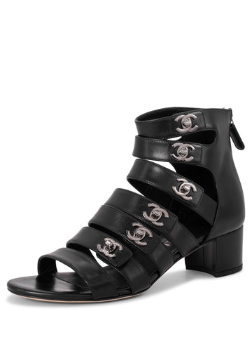 CHANEL Leather CC Logo Gladiator Sandals Black-designer resale