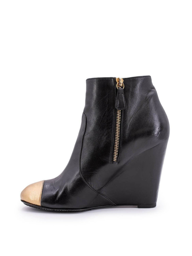 CHANEL Leather CC Logo Gold Toe Wedge Boots Black-designer resale