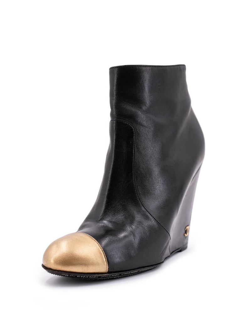 CHANEL Leather CC Logo Gold Toe Wedge Boots Black