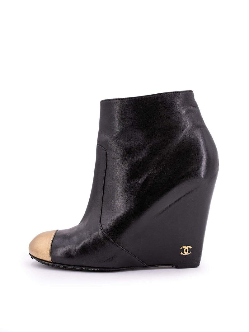 CHANEL Leather CC Logo Gold Toe Wedge Boots Black-designer resale