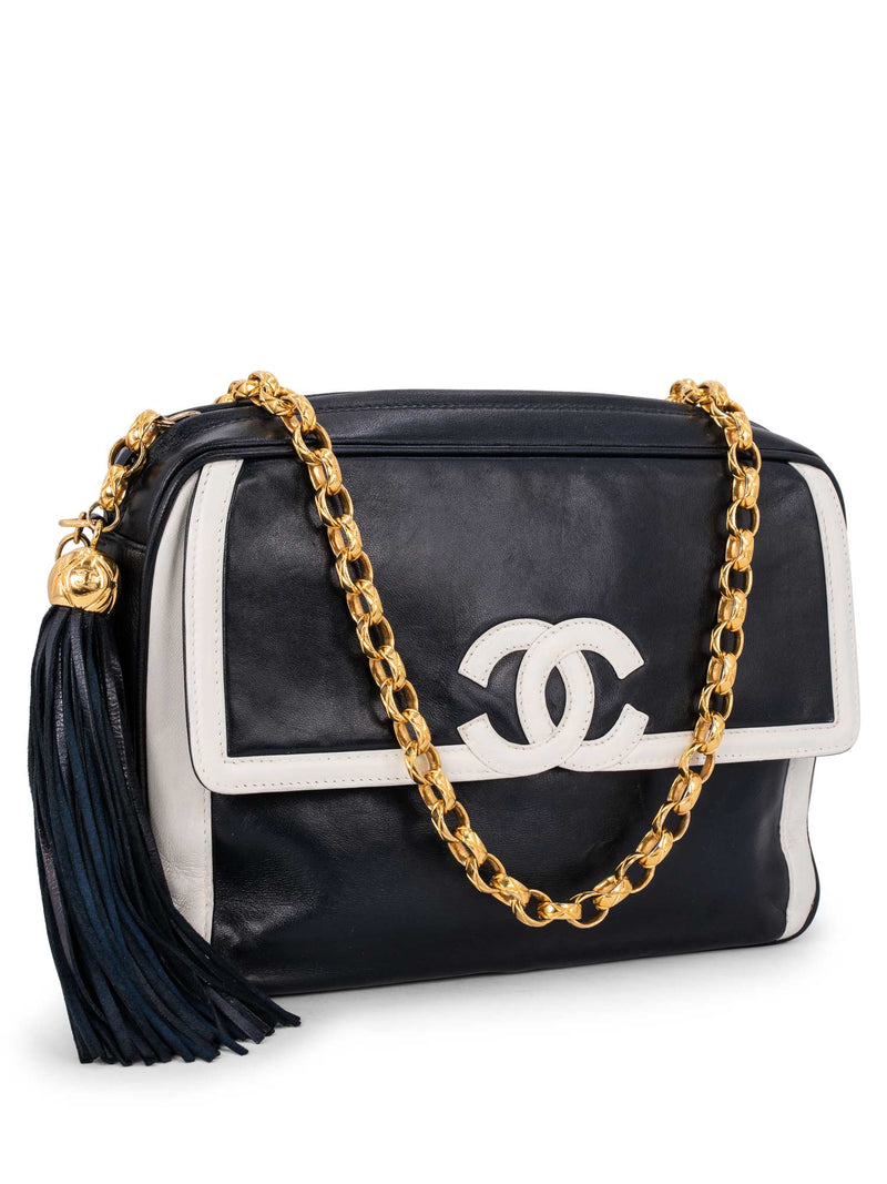 CHANEL Leather CC Logo Tassel Camera Messenger Bag Blue White-designer resale