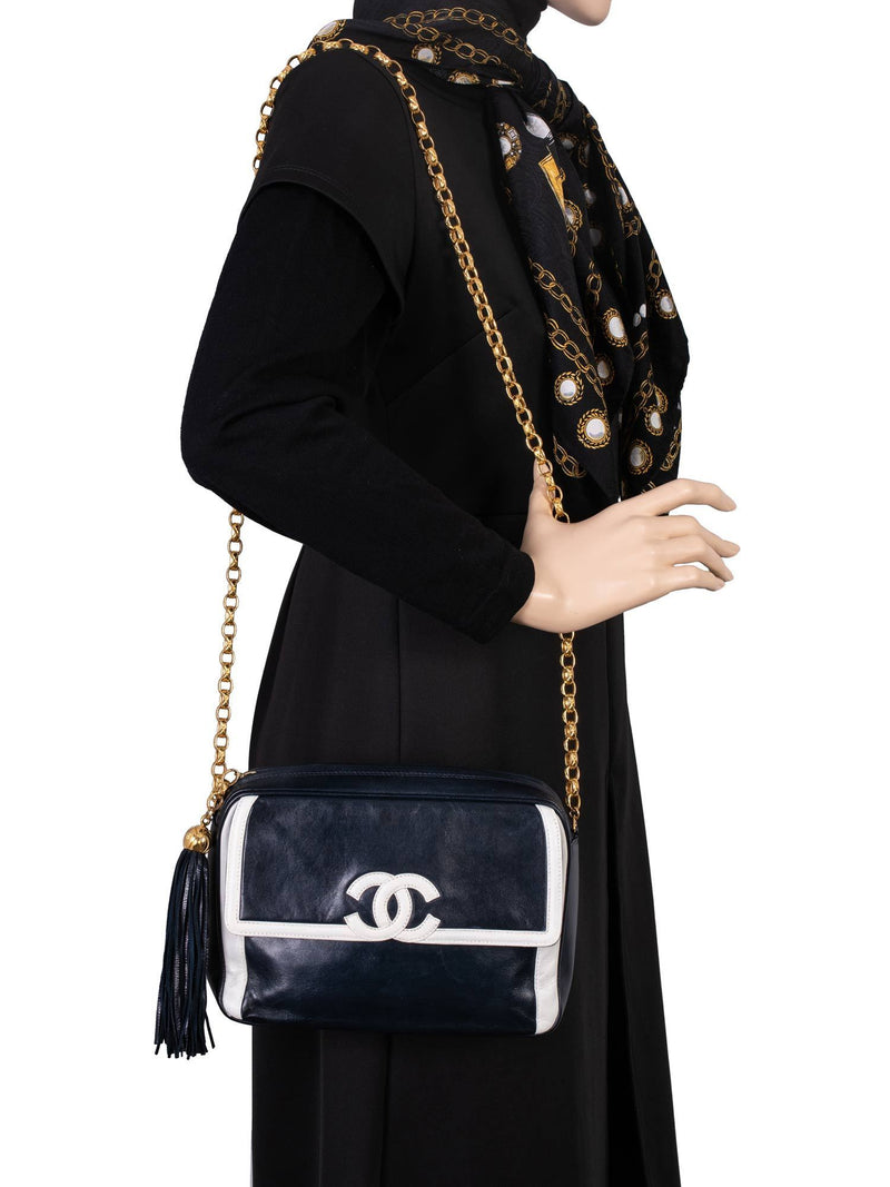 CHANEL Leather CC Logo Tassel Camera Messenger Bag Blue White-designer resale