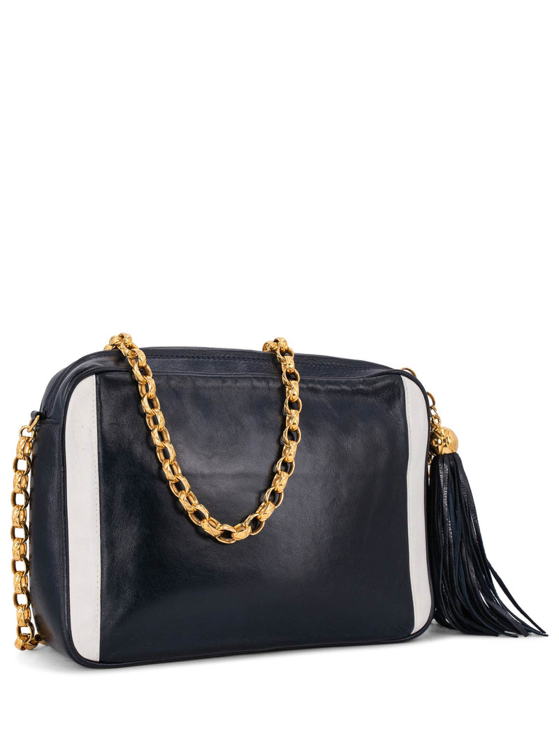 CHANEL Leather CC Logo Tassel Camera Messenger Bag Blue White-designer resale