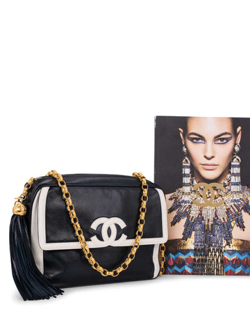 CHANEL Leather CC Logo Tassel Camera Messenger Bag Blue White-designer resale