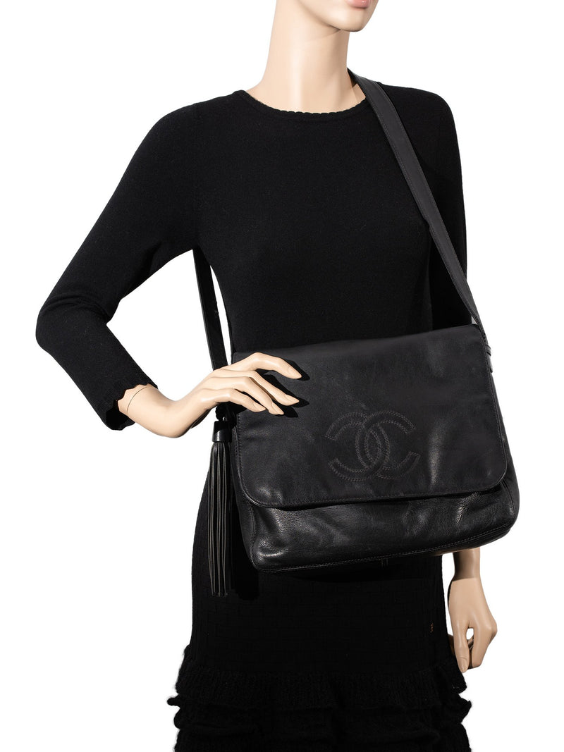 CHANEL Leather CC Logo Tassel Flap Messenger Bag Black-designer resale