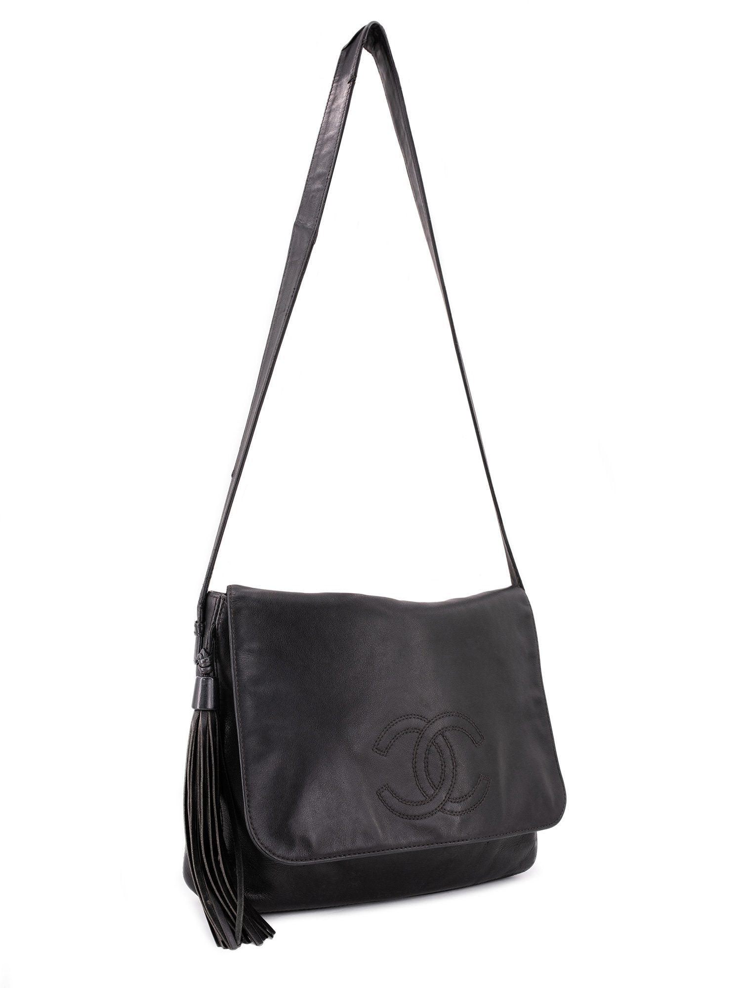 CHANEL Leather CC Logo Tassel Flap Messenger Bag Black-designer resale