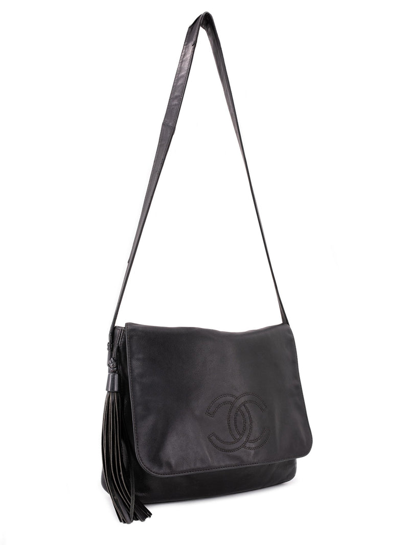 CHANEL Leather CC Logo Tassel Flap Messenger Bag Black-designer resale