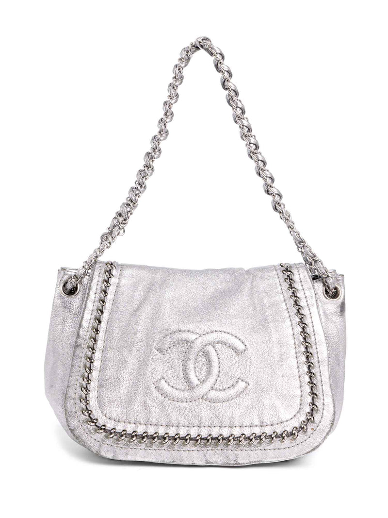 CHANEL Leather Chain Around Flap Bag Silver