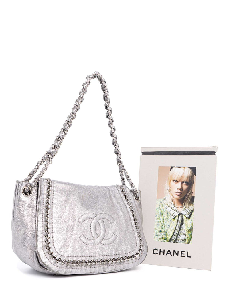 CHANEL Leather Chain Around Flap Bag Silver-designer resale