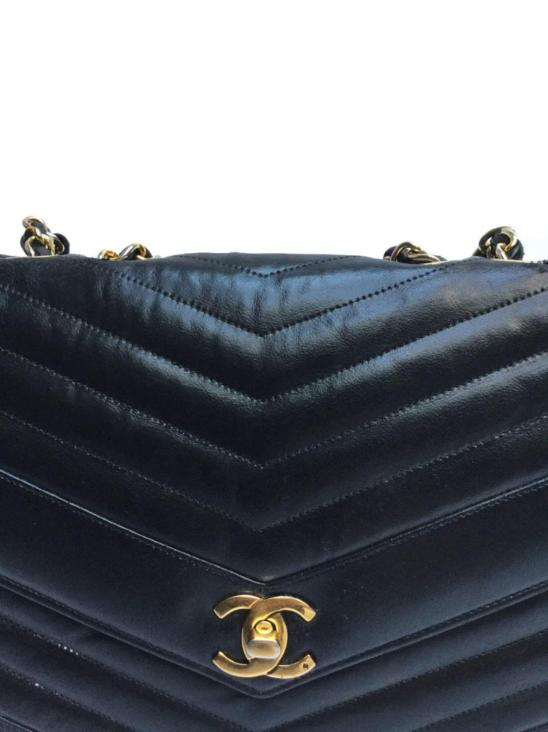 CHANEL Leather Chevron Quilted Double Flap Bag Black