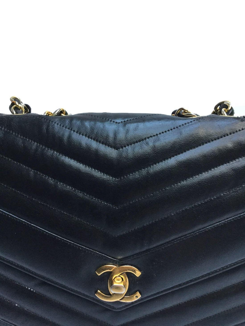 CHANEL Leather Chevron Quilted Double Flap Bag Black-designer resale