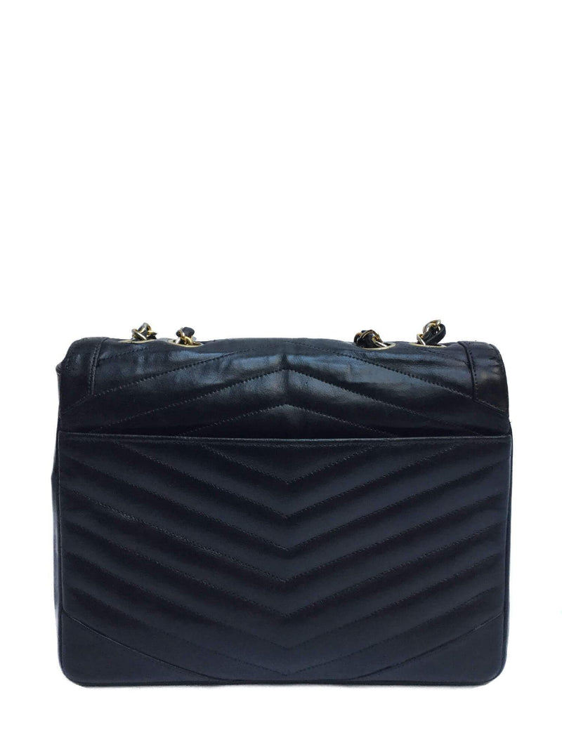 CHANEL Leather Chevron Quilted Double Flap Bag Black-designer resale