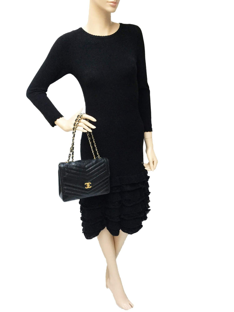 CHANEL Leather Chevron Quilted Double Flap Bag Black-designer resale