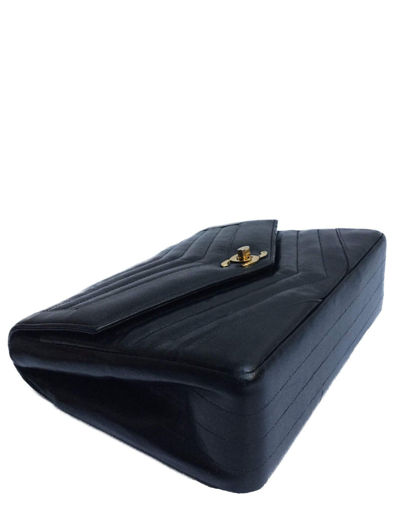 CHANEL Leather Chevron Quilted Double Flap Bag Black-designer resale