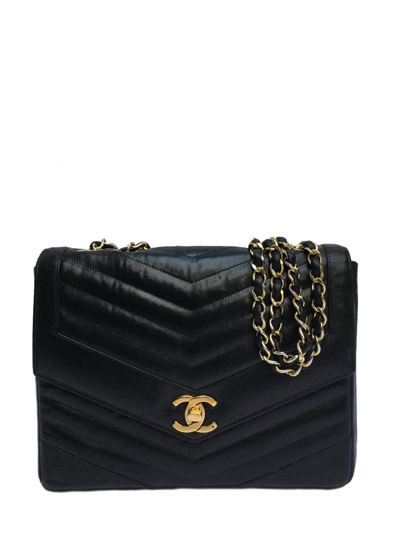 CHANEL Leather Chevron Quilted Double Flap Bag Black-designer resale