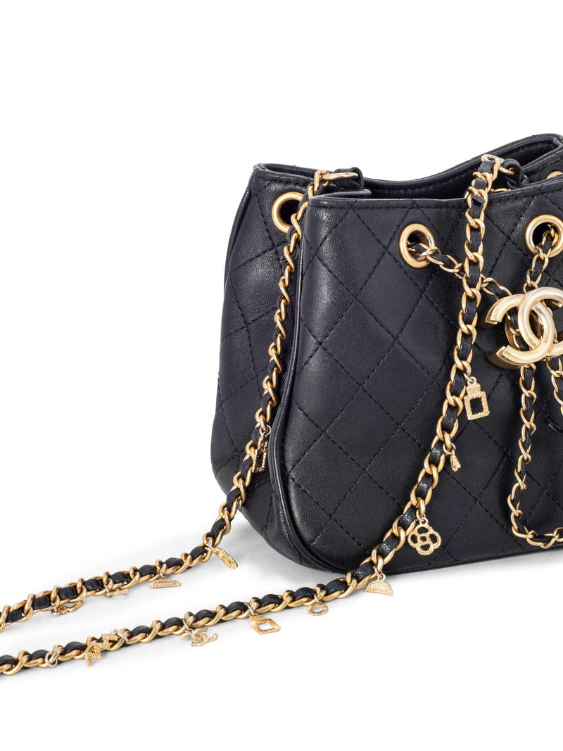 CHANEL Leather Small Egyptian Amulet Drawstring Bucket Bag Black