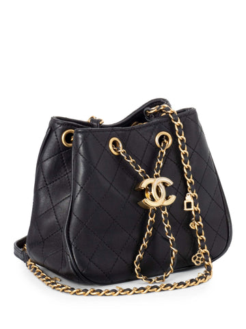 CHANEL Leather Small Egyptian Amulet Drawstring Bucket Bag Black-designer resale