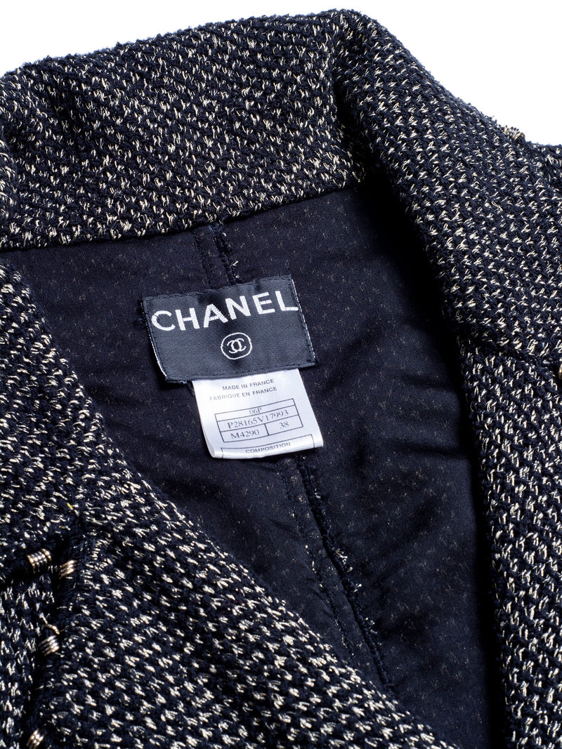 CHANEL Lesage Tweed Fringe Fitted Belted Jacket Gold Black