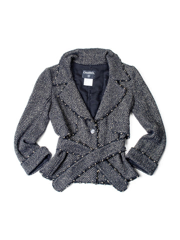 CHANEL Lesage Tweed Fringe Fitted Belted Jacket Gold Black-designer resale