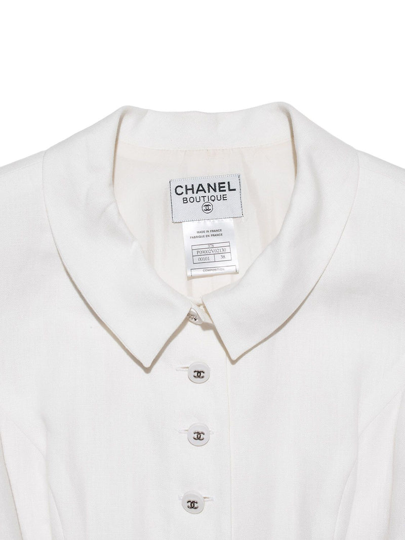 chanel white dress shirt CHANEL RARE 1990s Pleated Collar Shirt with Metal Clover Buttons - White - M
