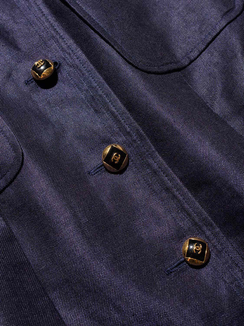 CHANEL Linen CC Logo Fitted Jacket Blue-designer resale