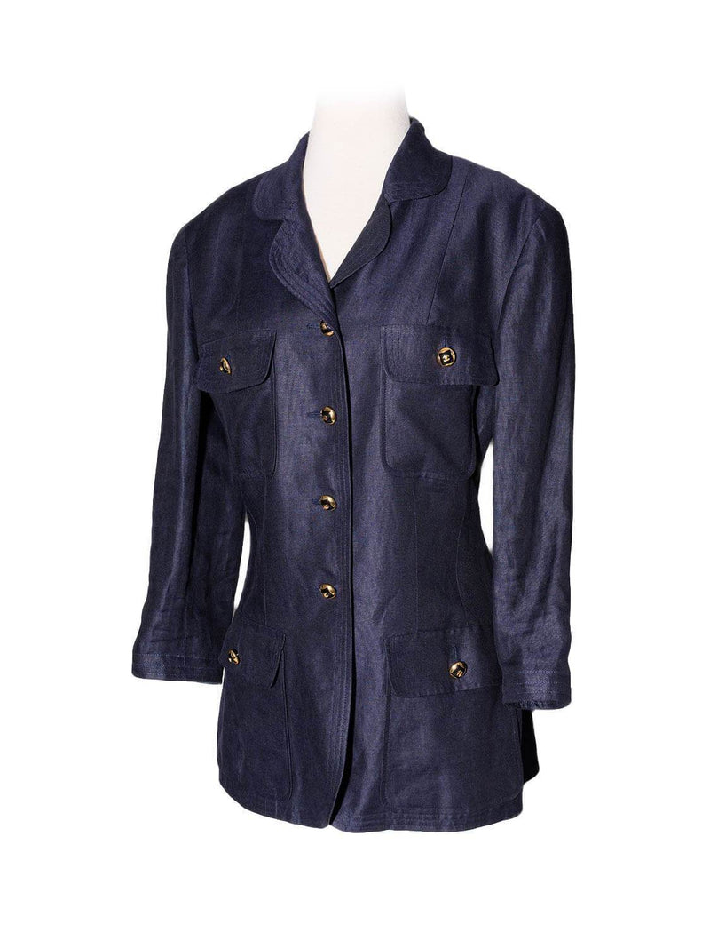CHANEL Linen CC Logo Fitted Jacket Blue-designer resale