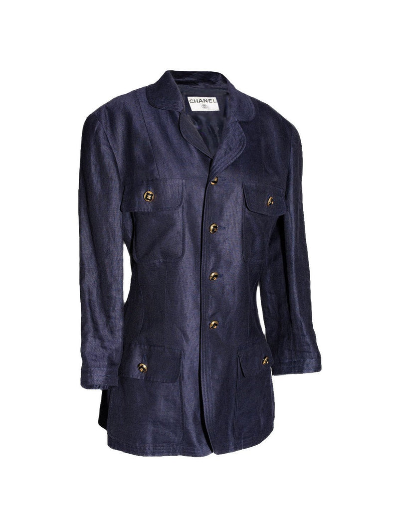 CHANEL Linen CC Logo Fitted Jacket Blue-designer resale
