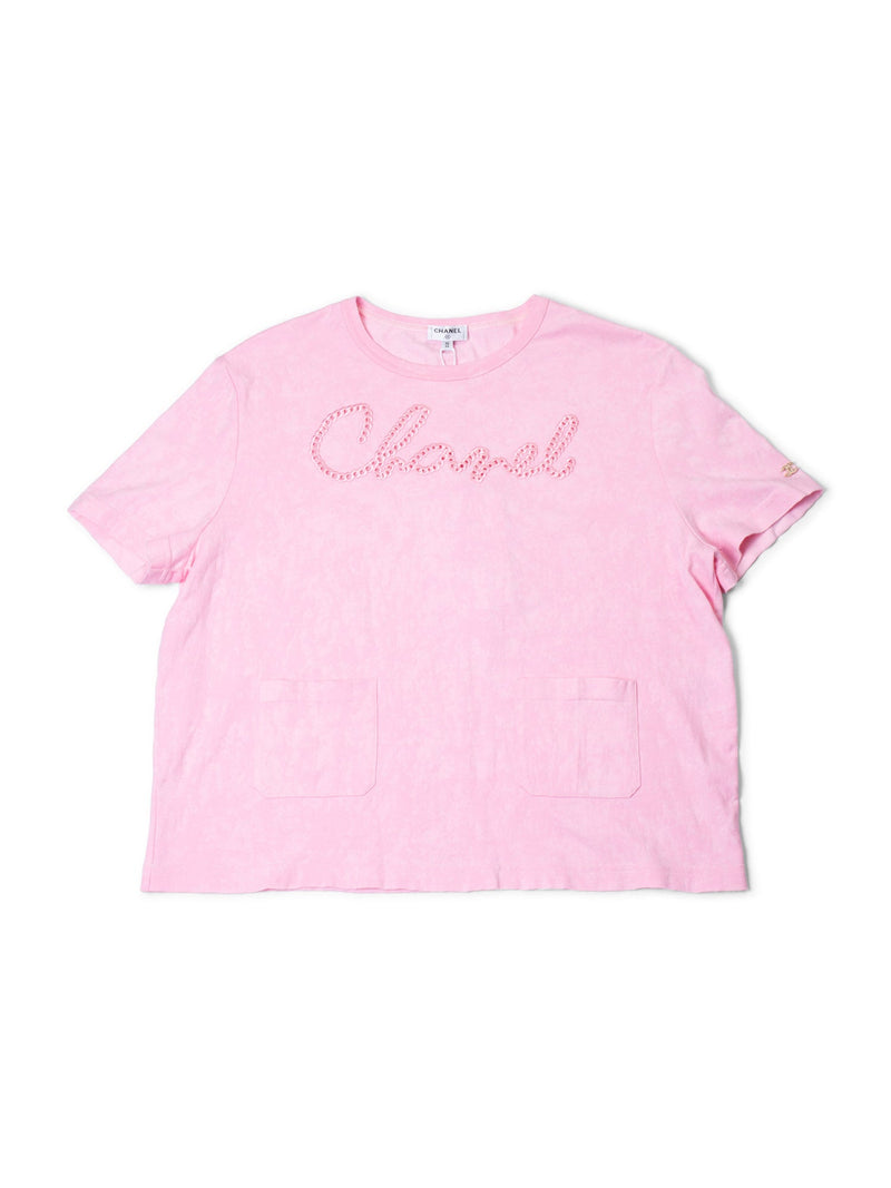 CHANEL Logo Cotton Embroidered Tie-Dye T-Shirt Pink