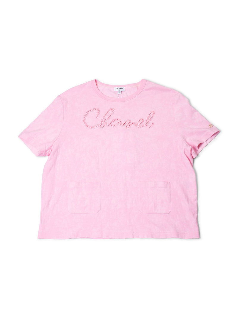 CHANEL Logo Cotton Embroidered Tie-Dye T-Shirt Pink-designer resale