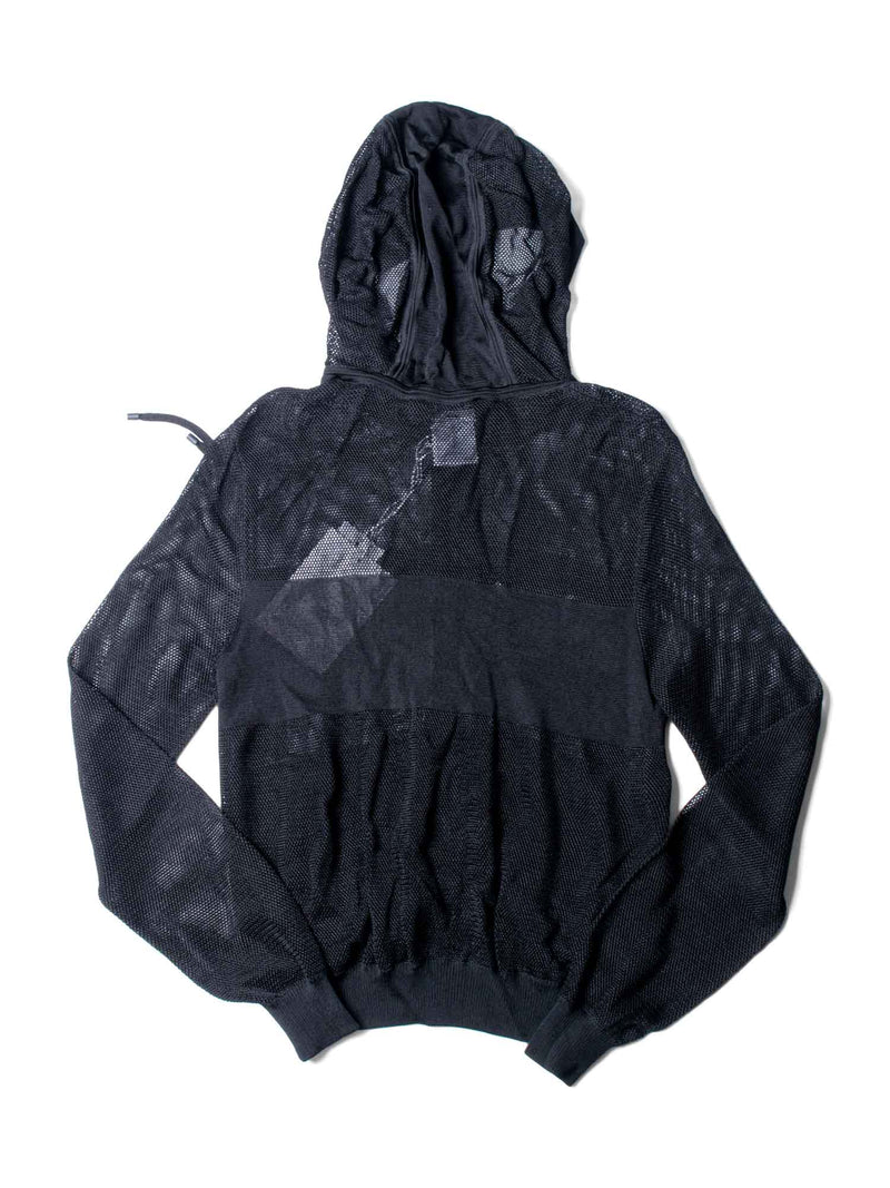 CHANEL Logo Mesh Knit Zip Up Hoodie Sweater Black-designer resale