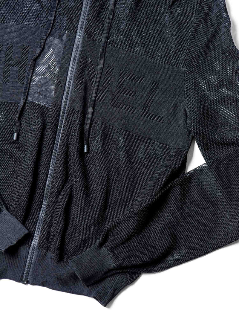 CHANEL Logo Mesh Knit Zip Up Hoodie Sweater Black-designer resale