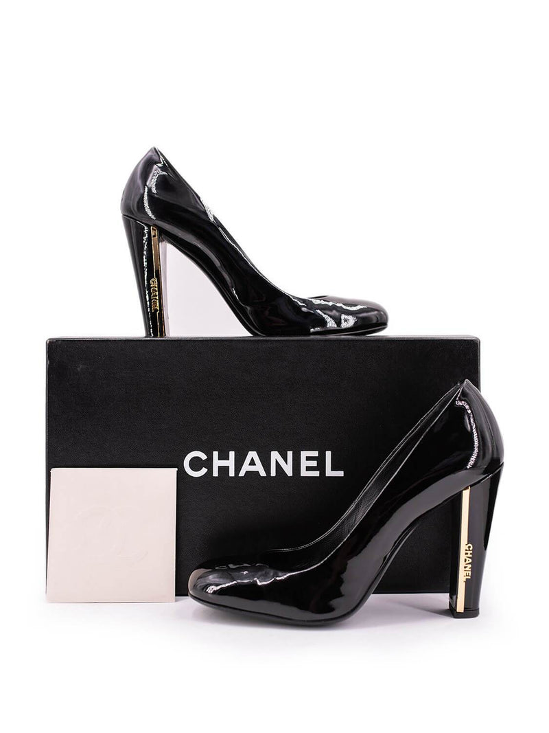 CHANEL Logo Patent Leather Pumps Black-designer resale