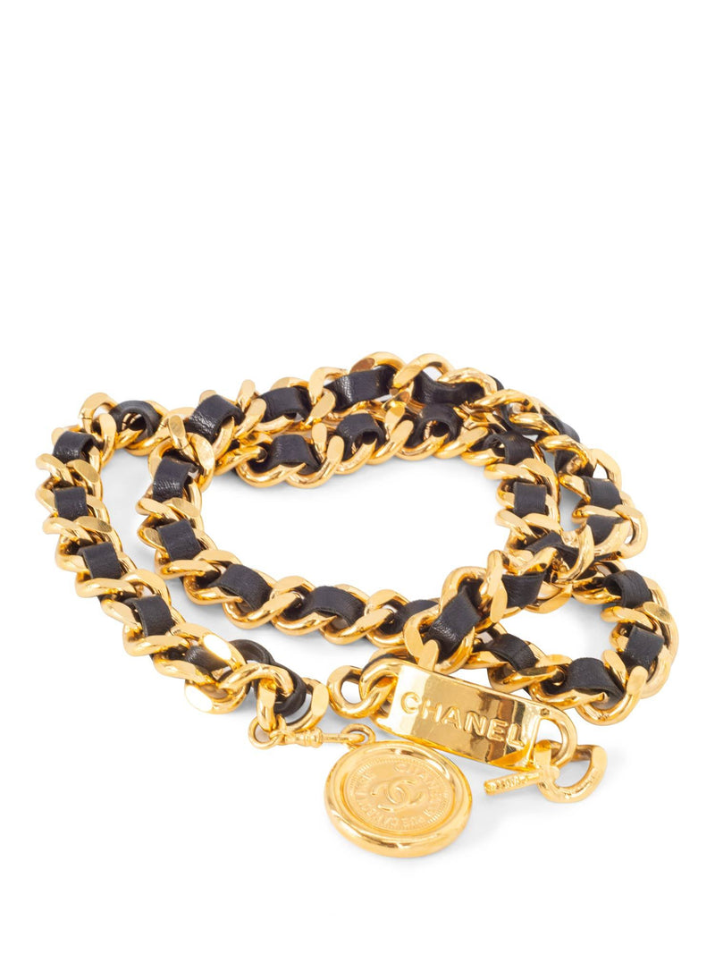 CHANEL Medallion 24K Gold Chain Leather Belt Black-designer resale