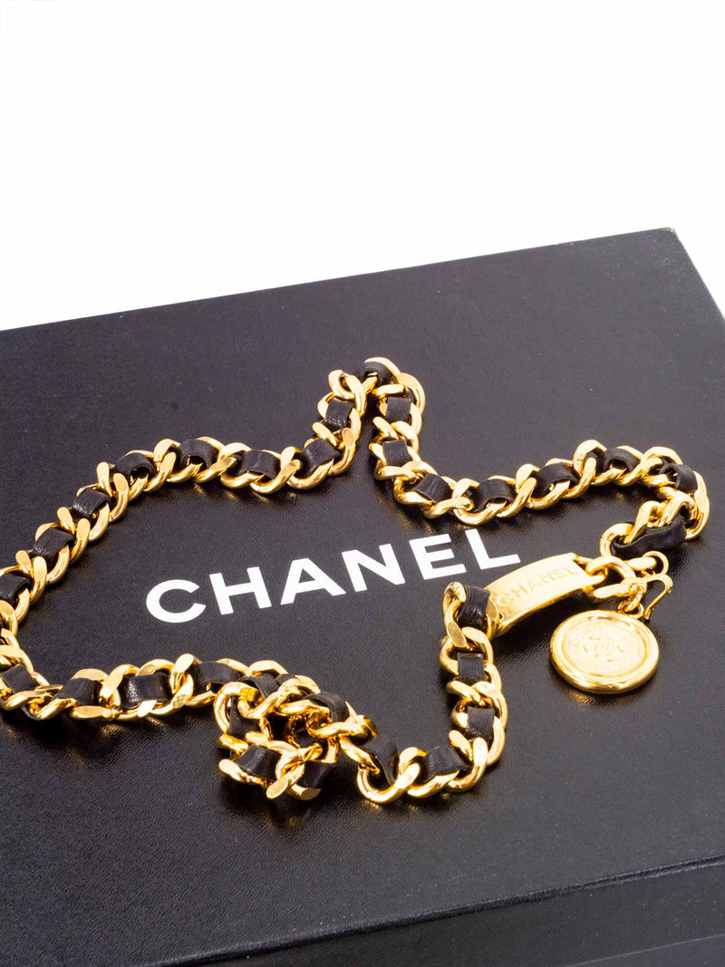 CHANEL Medallion 24K Gold Chain Leather Belt Black-designer resale