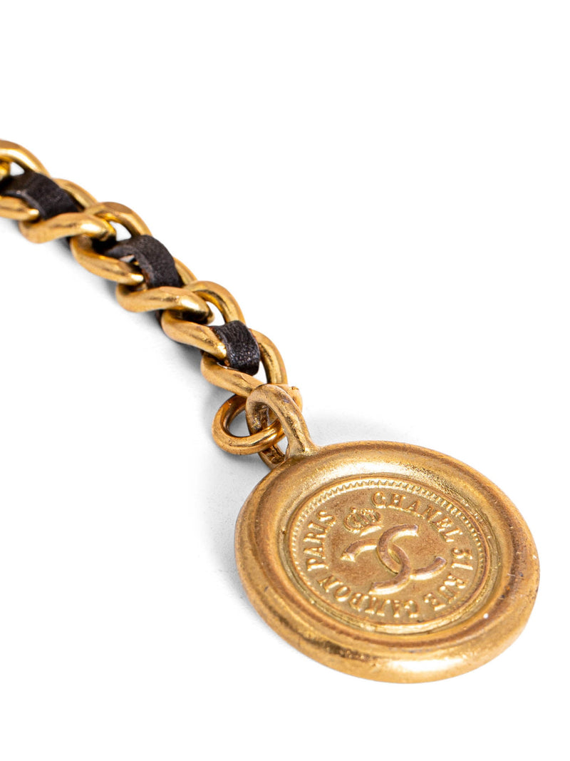 Gold & Black Leather 'CC' Medallion Chain Belt