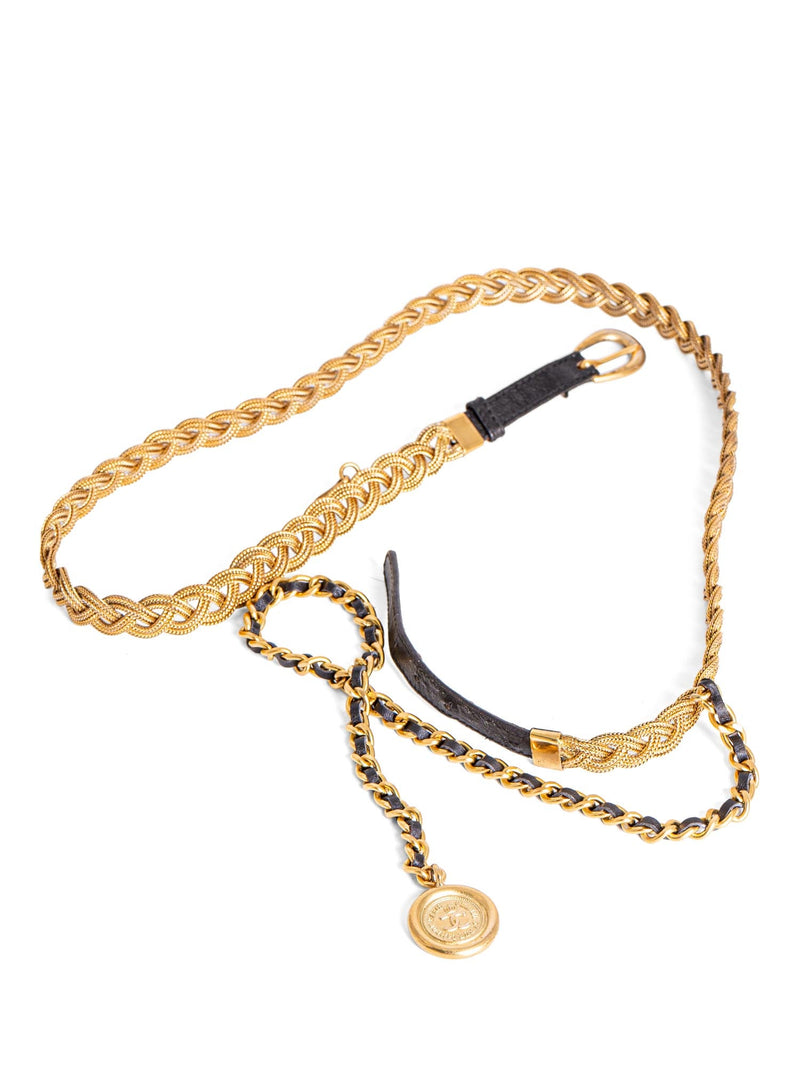 Chanel - Gold & Black Leather 'CC' Medallion Chain Belt